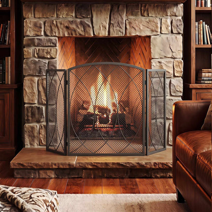 Geometric 3-Panel Metal Fireplace Screen, Black