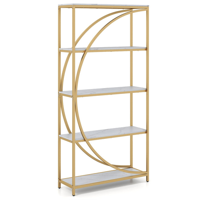 Geometrische boekenkast met open houten planken en metalen frame