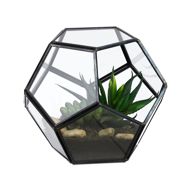 Geometrické skleněné terárium – otevřený design pro pokojové rostliny