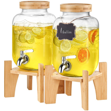 Glass Beverage Dispenser Set, 2 x 1 Gallon, Stand, Steel Spigot