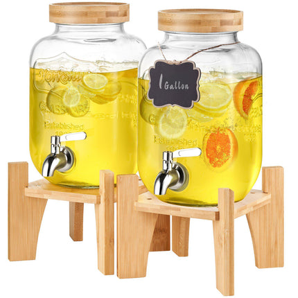 Glass Beverage Dispenser Set, 2 x 1 Gallon, Stand, Steel Spigot