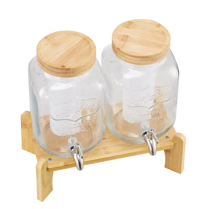 Glass Beverage Dispenser Set, 2 x 3.8L, Wood Stand, Spigot