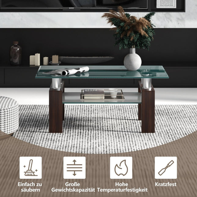 Glazen salontafel met plank, 99,5 x 59,5 x 44,5 cm, bruin