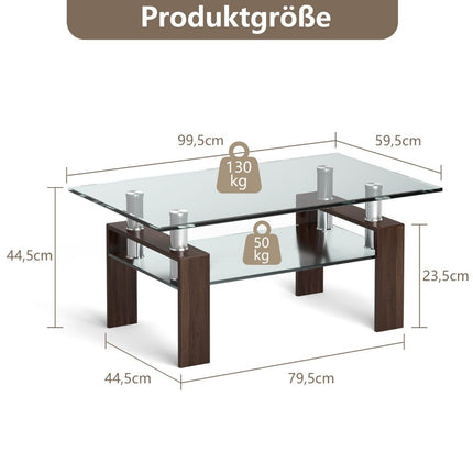 Skleněný konferenční stolek s policí, 99.5 x 59.5 x 44.5 cm, hnědá