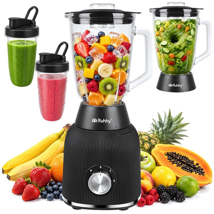 Glass Jug Blender 1200W with Ice Crushing and Pulse Mode, 2 Portable Cups