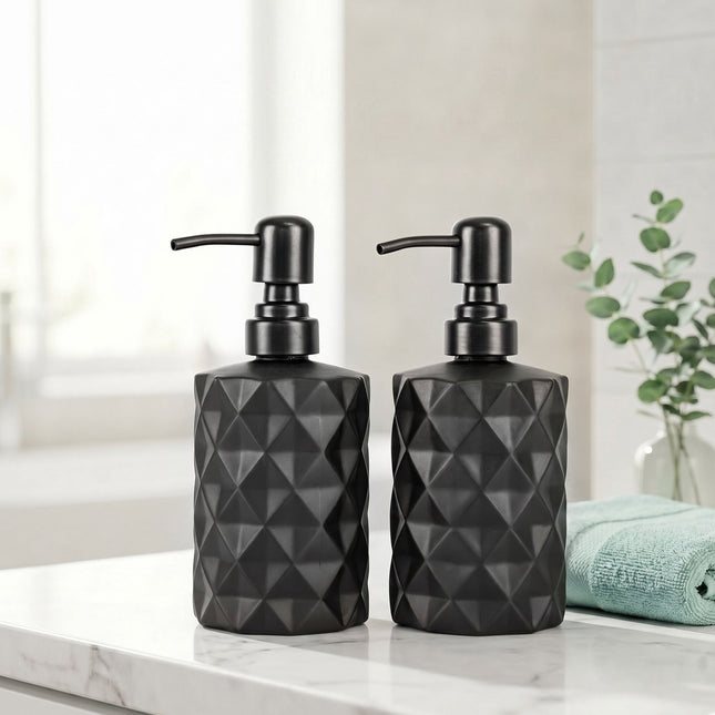 Skleněné dávkovače mýdla, 2 ks 350 ml, černá nerezová pumpička