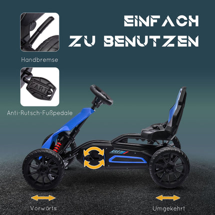 Children's pedal go-kart with adjustable seat and handbrake
