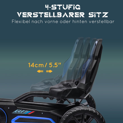 Children's pedal go-kart with adjustable seat and handbrake