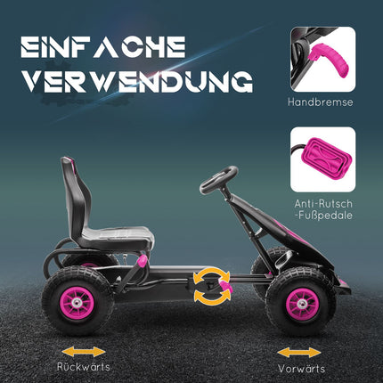 Go-kart for children with adjustable seat and handbrake, pink
