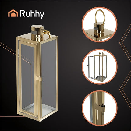Gold Glass Candle Lanterns Set of 3, 38/49/63 cm, Stainless Steel Frame