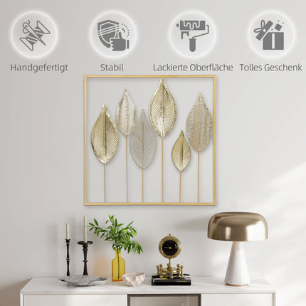 Gold Metal Wall Art with Leaf Design – 70x70 cm