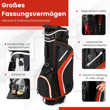 Golfový bag se 14 přihrádkami, 6 kapes, pláštěnka, červená