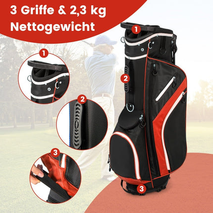 Golfový bag se 14 přihrádkami, 6 kapes, pláštěnka, červená