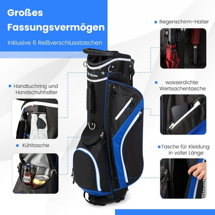 Golfový bag s 14dílnou přepážkou, 6 kapes, pláštěnka, modrá