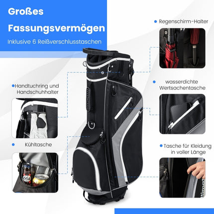 Golfový bag s 14dílnou přepážkou, 6 kapes, pláštěnka, šedá