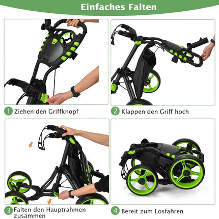 Golfový vozík 4kolový, skládací golfový caddy, push cart z hliníku, zelená