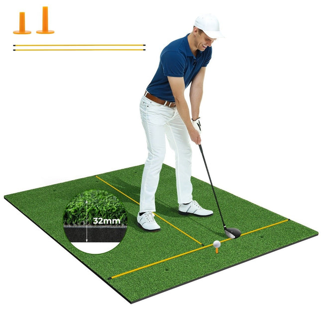 Golfová odpalová podložka, 2 gumová týčka a 2 zaměřovací tyče a 6 pozic týčka, 152 x 117 cm, tloušťka 32 mm