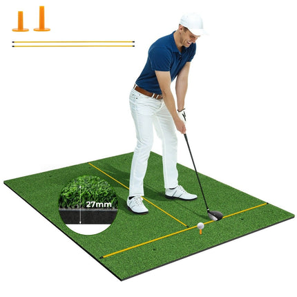 Golfová odpalová podložka se 2 gumovými týčky, 2 zaměřovacími tyčemi a 6 pozicemi týčka, 152 x 117 cm, tloušťka 27 mm