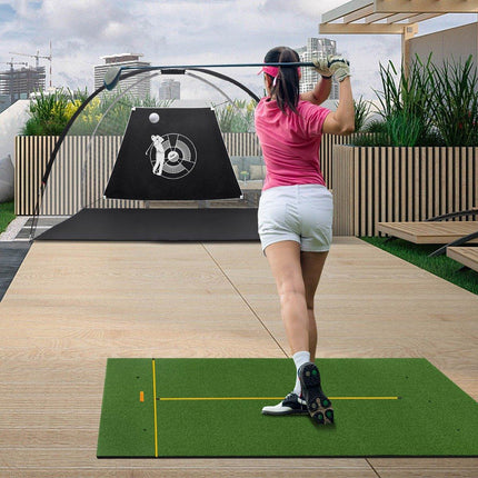 Golfová odpalová podložka se 2 gumovými týčky, 2 zaměřovacími tyčemi a 6 pozicemi týčka, 152 x 92 cm, tloušťka 32 mm