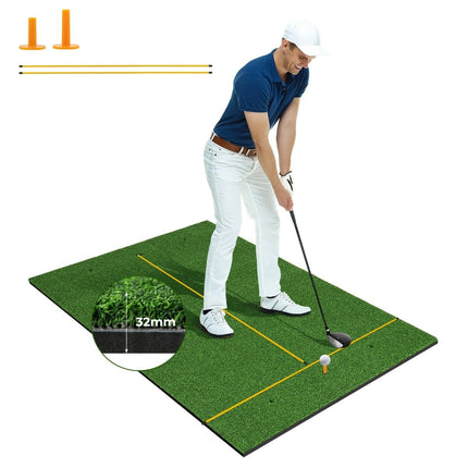 Golfová odpalová podložka se 2 gumovými týčky, 2 zaměřovacími tyčemi a 6 pozicemi týčka, 152 x 92 cm, tloušťka 32 mm