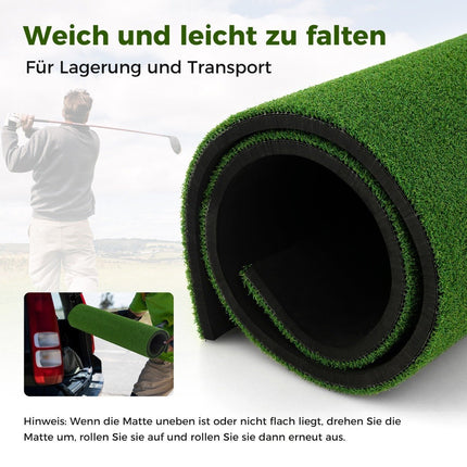 Golfová odpalová podložka se 2 gumovými týčky, 2 zaměřovacími tyčemi a 6 pozicemi týčka, 152 x 92 cm, tloušťka 32 mm