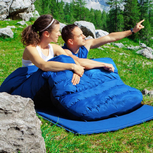 Goplus dvoumístný spacák pro 2 osoby, XL dekový spacák se 2 polštáři, černá/modrá, 220 x 150 cm-modrá