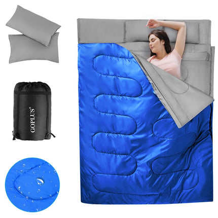 Goplus dvoumístný spacák pro 2 osoby, XL dekový spacák se 2 polštáři, černá/modrá, 220 x 150 cm-modrá