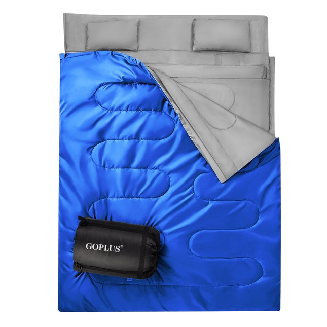 Goplus dvoumístný spacák pro 2 osoby, XL dekový spacák se 2 polštáři, černá/modrá, 220 x 150 cm-modrá