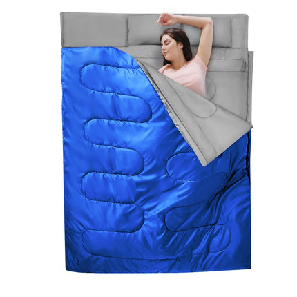 Goplus dvoumístný spacák pro 2 osoby, XL dekový spacák se 2 polštáři, černá/modrá, 220 x 150 cm-modrá