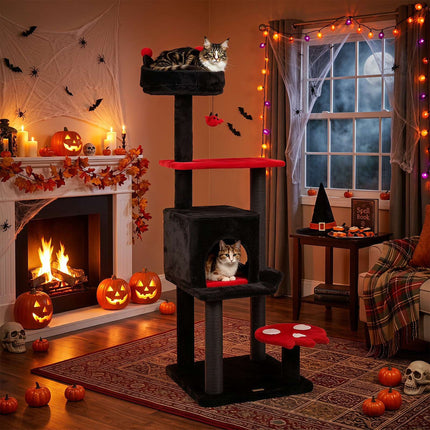 Gothic Cat Tree 144cm with Scratching Posts, Black & Red