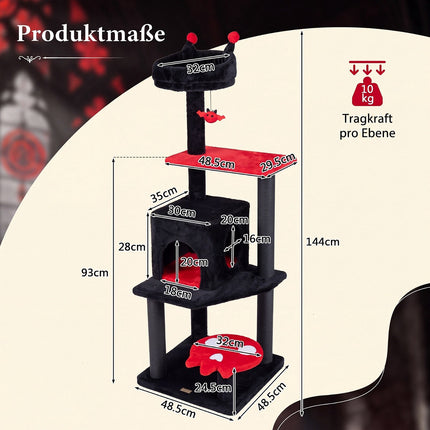 Gothic Cat Tree 144cm with Scratching Posts, Black & Red