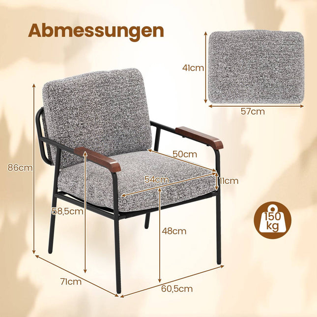 Šedé designové křeslo s polštářem, široký polstrovaný sedák