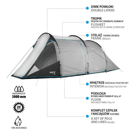 Graues Campingzelt, 2 Personen, wasserdicht