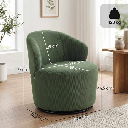 Zelené manšestrové otočné křeslo, otáčení 360, ergonomická opěrka
