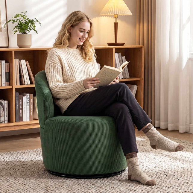 Zelené manšestrové otočné křeslo, otáčení 360, ergonomická opěrka