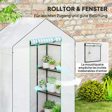 Skleník s rolovacími dveřmi a policemi pro zahradničení