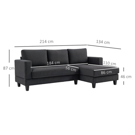 Grey L-Shaped 3-Seater Sofa with Chaise, Cord Fabric