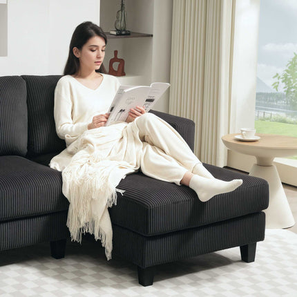 Grey L-Shaped 3-Seater Sofa with Chaise, Cord Fabric