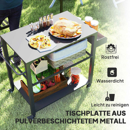 3-tier stainless steel barbecue trolley with wheels, 105x50x79cm