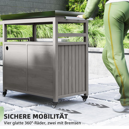 3-tier outdoor barbecue cart with towel rack - wood, gray