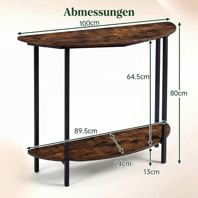 Halfronde consoletafel met 2 planken, rustiek bruin