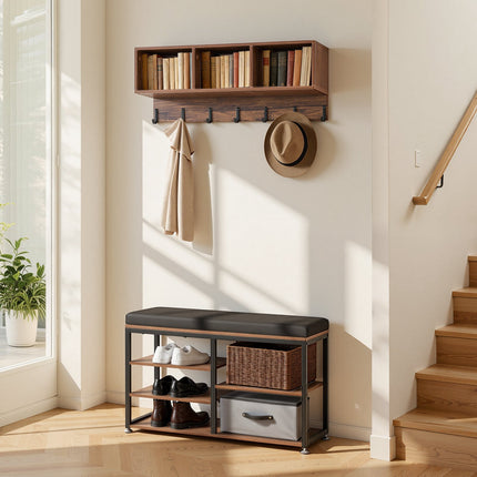 Hall Tree Coat Rack with Shoe Bench, 7 Hooks, Shelves