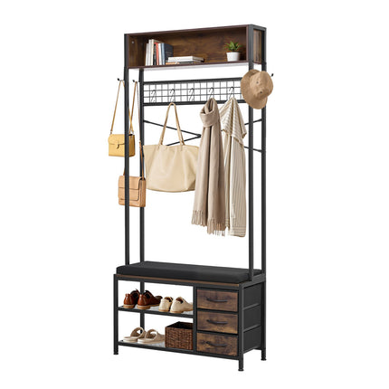 Hall Tree With Shoe Bench, 3 Drawers, Steel Frame