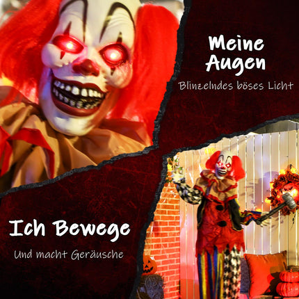 Halloweenský animatronický klaun, 173 cm, svítící oči