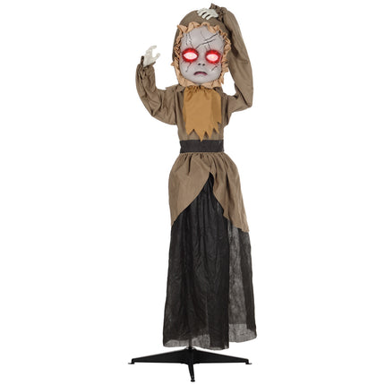 Halloweenská animatronická dekorace, vyskakující hlava, červené oči
