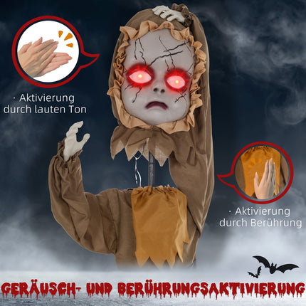 Halloweenská animatronická dekorace, vyskakující hlava, červené oči