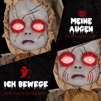 Halloweenská animatronická dekorace, vyskakující hlava, červené oči