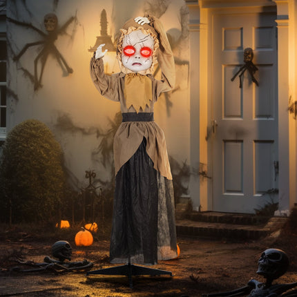 Halloweenská animatronická dekorace, vyskakující hlava, červené oči