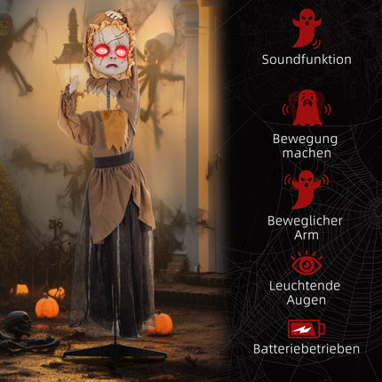Halloweenská animatronická dekorace, vyskakující hlava, červené oči