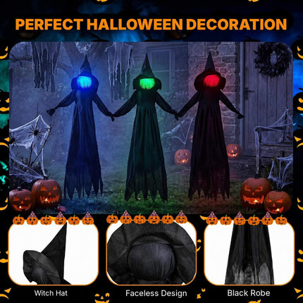 Halloween Witch Decorations Set of 3 with LED Lighted Heads, Outdoor, Black
